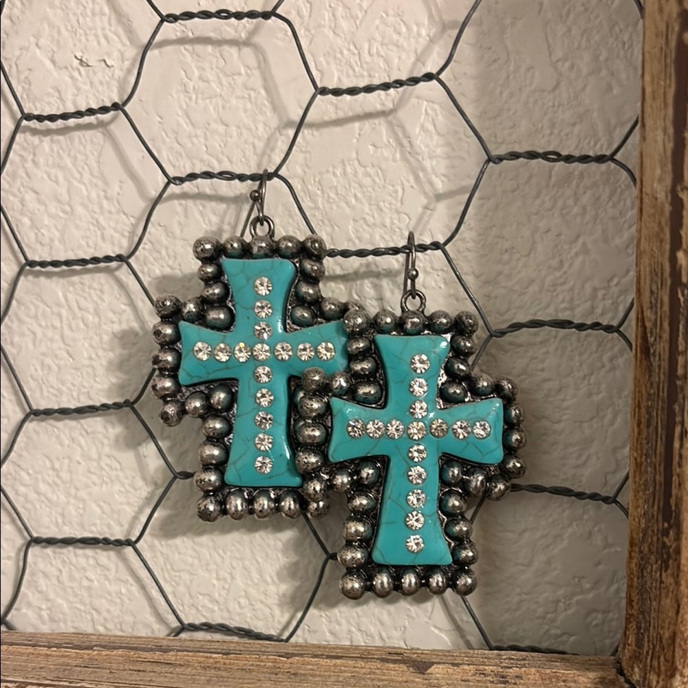 Turquoise Cross Earrings with Rhinestones